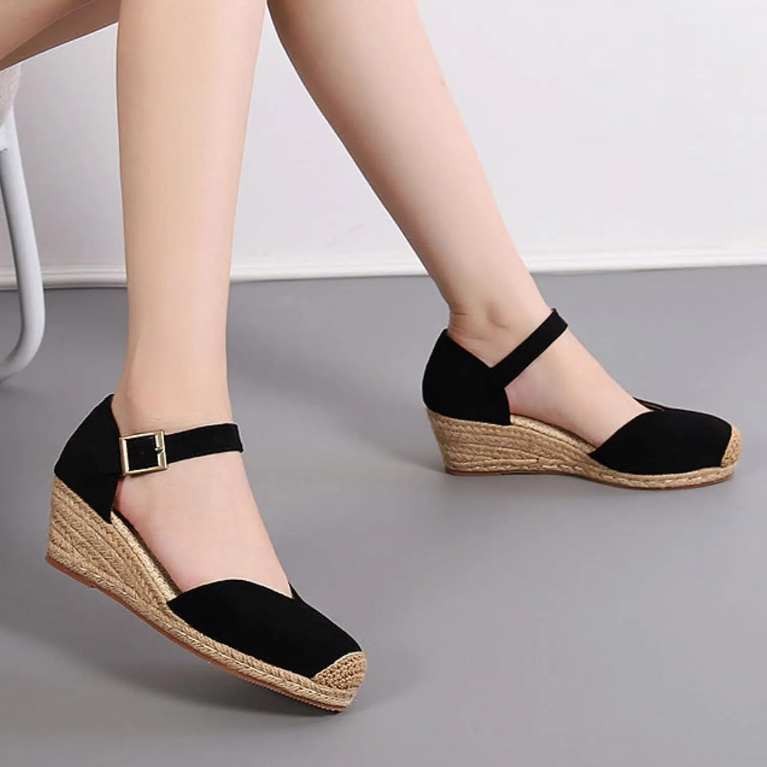 Womenyiaor Sandals for Women 2025 Dressy, Womens Closed Toe Espadrilles Wedge Sandals Ankle Strap Platform Sandals Low Wedge Heels Comfortable Summer Dress Shoes (B-Black, 6.5)
