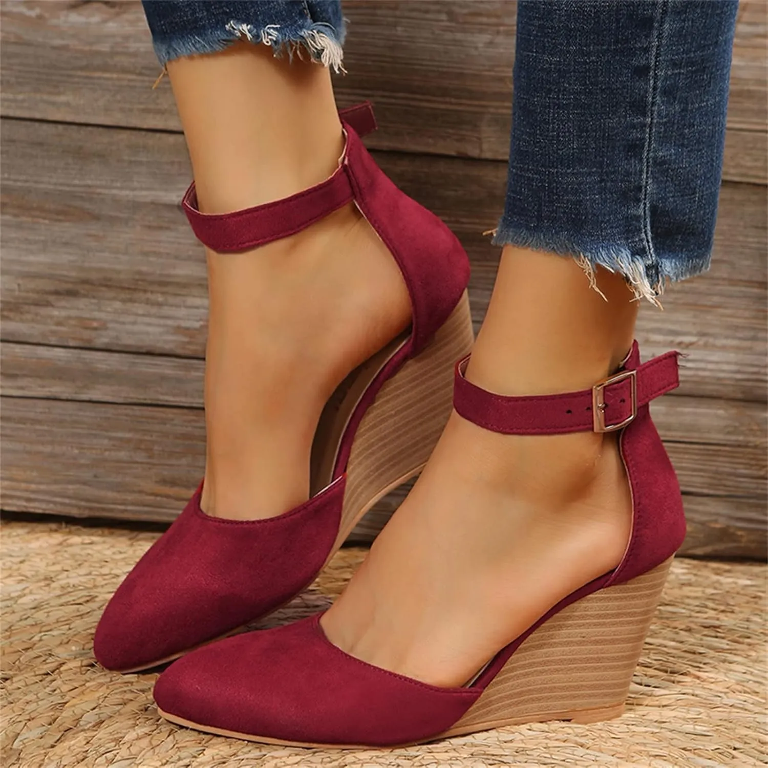 Womenyiaor Sandals for Women 2025 Dressy, Womens Closed Toe Espadrilles Wedge Sandals Ankle Strap Platform Sandals Suede Pointed Wedge Heels Comfortable Summer Dress Shoes (6.5)