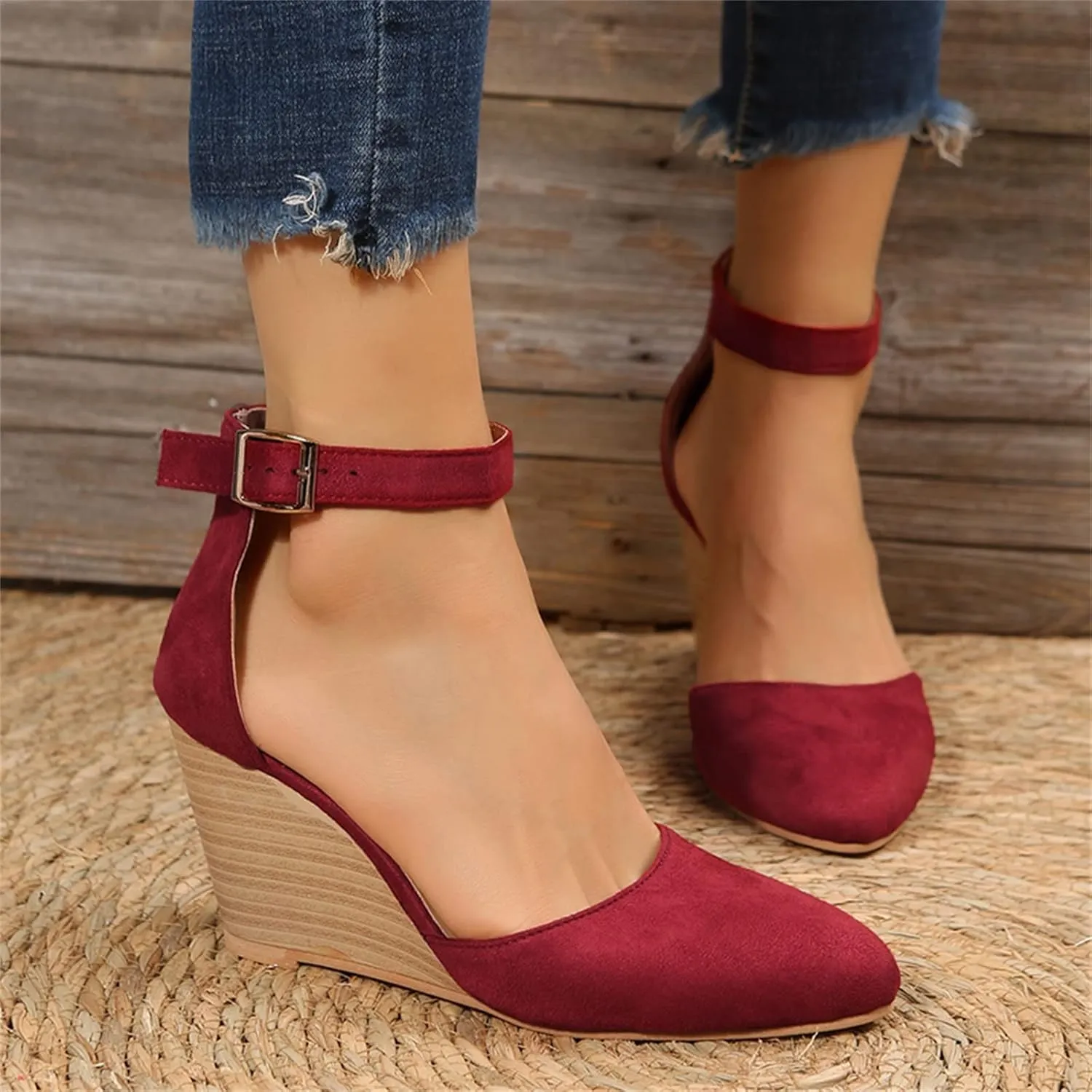 Womenyiaor Sandals for Women 2025 Dressy, Womens Closed Toe Espadrilles Wedge Sandals Ankle Strap Platform Sandals Suede Pointed Wedge Heels Comfortable Summer Dress Shoes (6.5)
