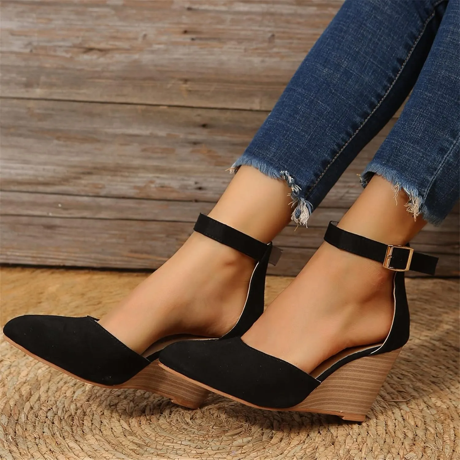 Womenyiaor Sandals for Women 2025 Dressy, Womens Closed Toe Espadrilles Wedge Sandals Ankle Strap Platform Sandals Suede Pointed Wedge Heels Comfortable Summer Dress Shoes (A-Black, 6.5)