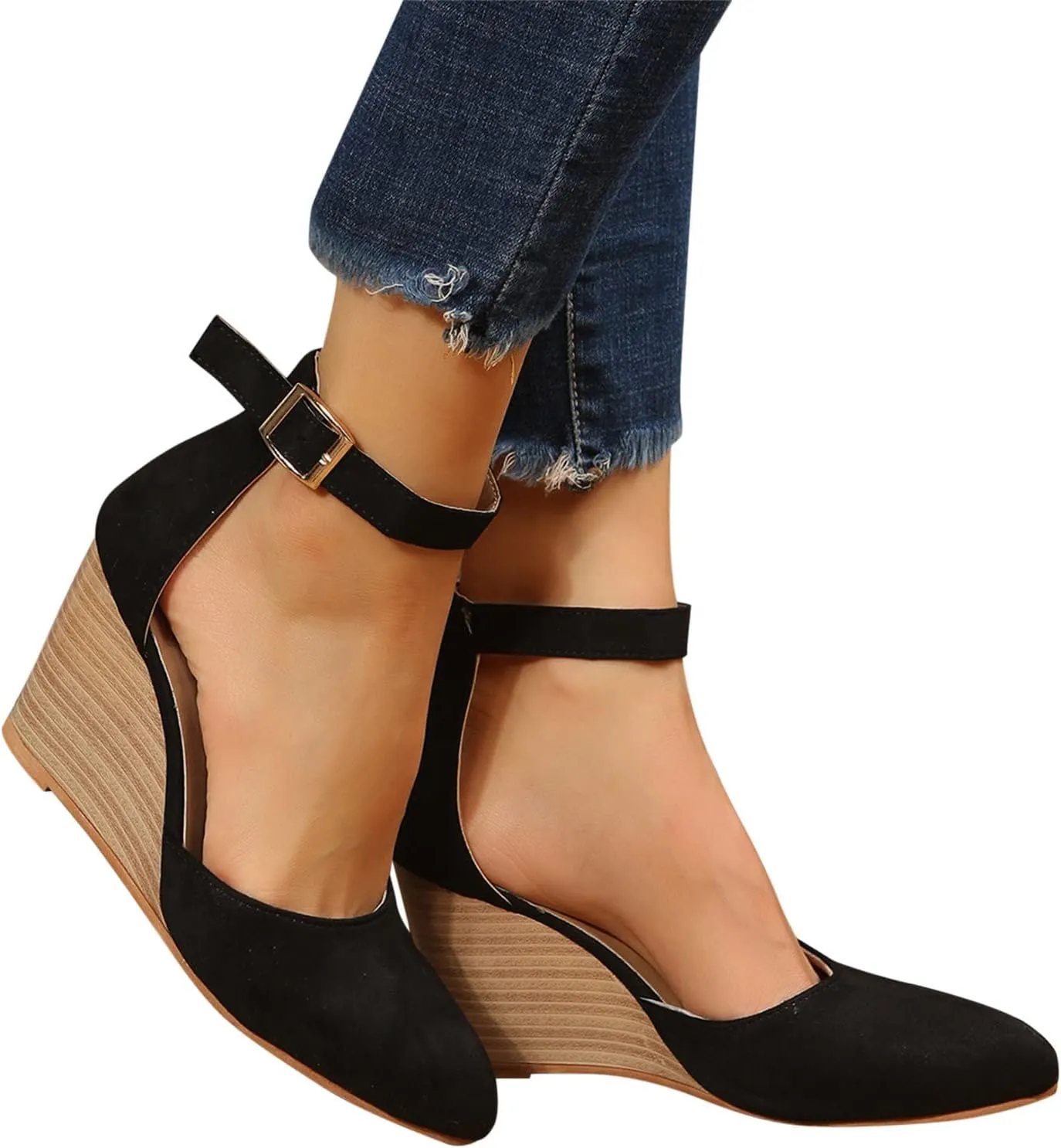 Womenyiaor Sandals for Women 2025 Dressy, Womens Closed Toe Espadrilles Wedge Sandals Ankle Strap Platform Sandals Suede Pointed Wedge Heels Comfortable Summer Dress Shoes (A-Black, 6.5)