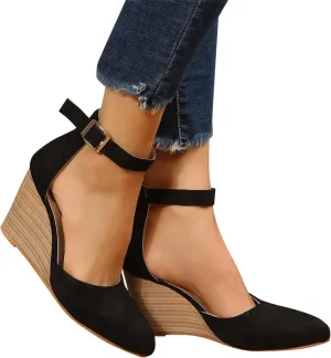 Womenyiaor Sandals for Women 2025 Dressy, Womens Closed Toe Espadrilles Wedge Sandals Ankle Strap Platform Sandals Suede Pointed Wedge Heels Comfortable Summer Dress Shoes (A-Black, 6.5)