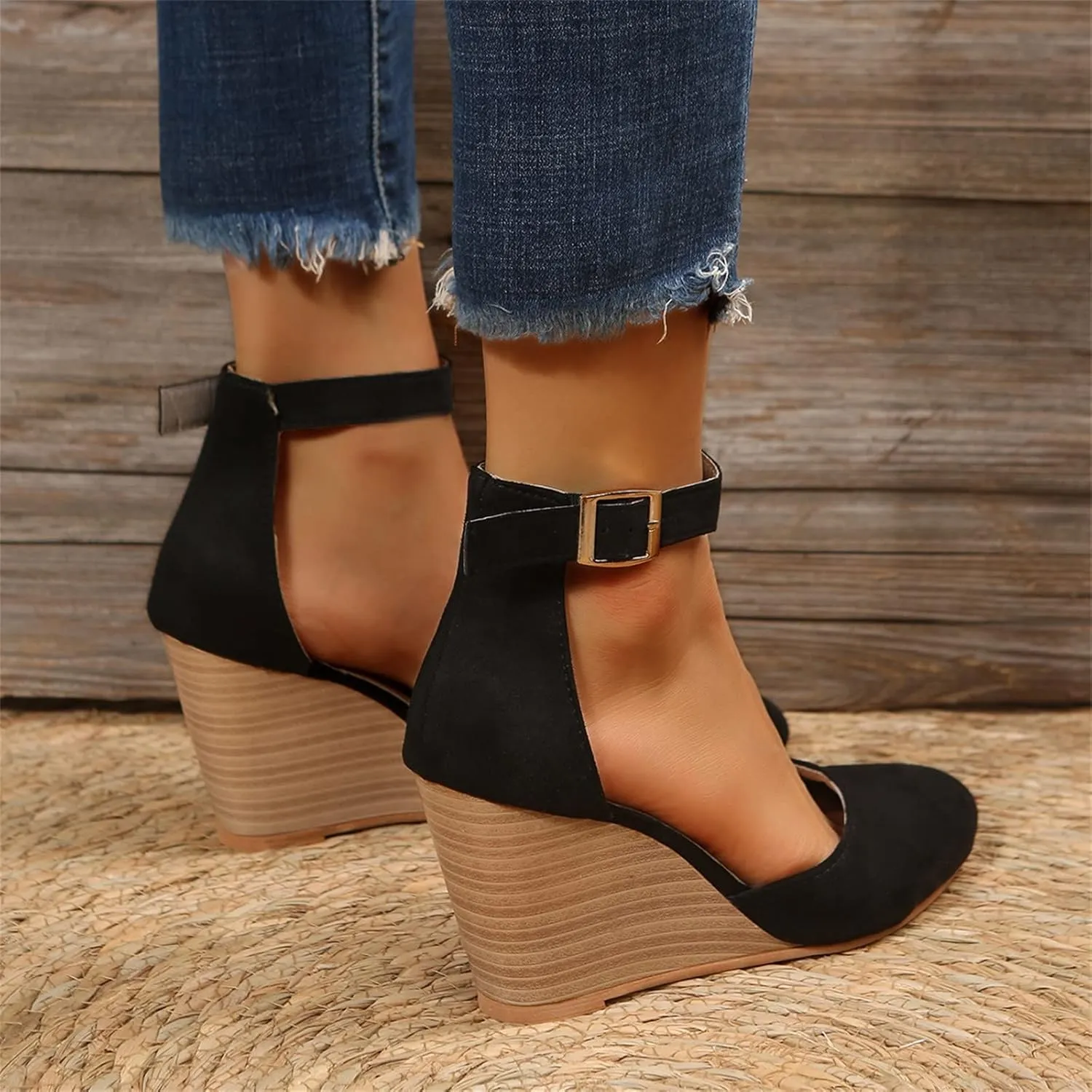 Womenyiaor Sandals for Women 2025 Dressy, Womens Closed Toe Espadrilles Wedge Sandals Ankle Strap Platform Sandals Suede Pointed Wedge Heels Comfortable Summer Dress Shoes (A-Black, 6.5)