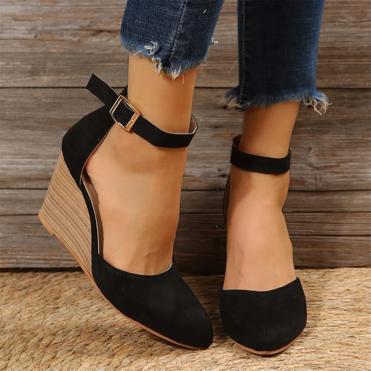 Womenyiaor Sandals for Women 2025 Dressy, Womens Closed Toe Espadrilles Wedge Sandals Ankle Strap Platform Sandals Suede Pointed Wedge Heels Comfortable Summer Dress Shoes (A-Black, 6.5)