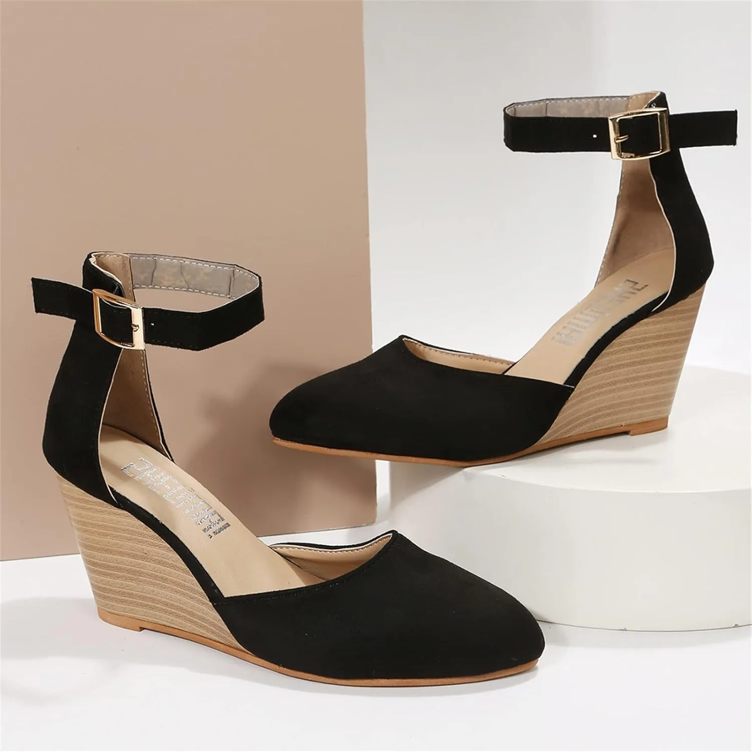 Womenyiaor Sandals for Women 2025 Dressy, Womens Closed Toe Espadrilles Wedge Sandals Ankle Strap Platform Sandals Suede Pointed Wedge Heels Comfortable Summer Dress Shoes (A-Black, 6.5)