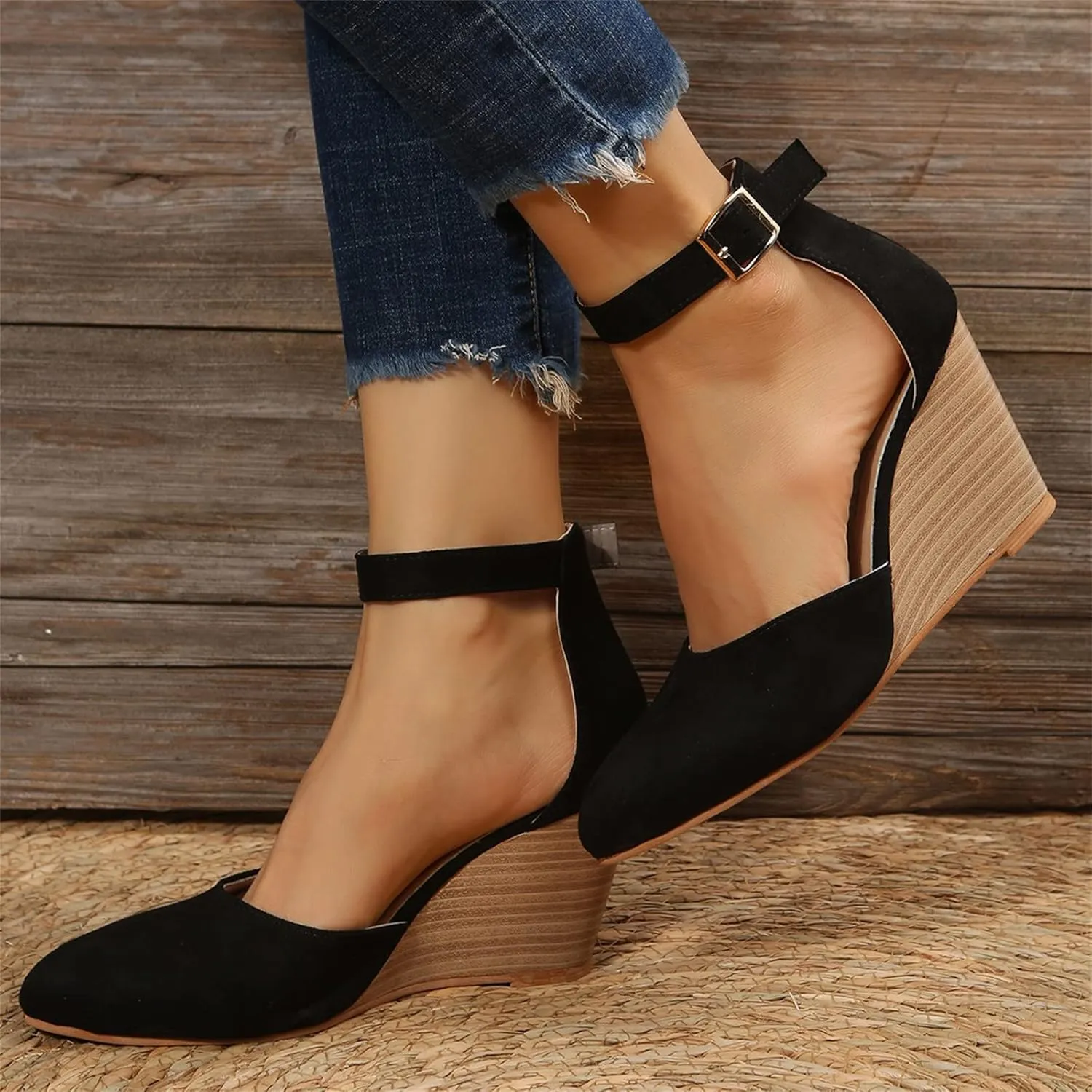 Womenyiaor Sandals for Women 2025 Dressy, Womens Closed Toe Espadrilles Wedge Sandals Ankle Strap Platform Sandals Suede Pointed Wedge Heels Comfortable Summer Dress Shoes (A-Black, 6.5)