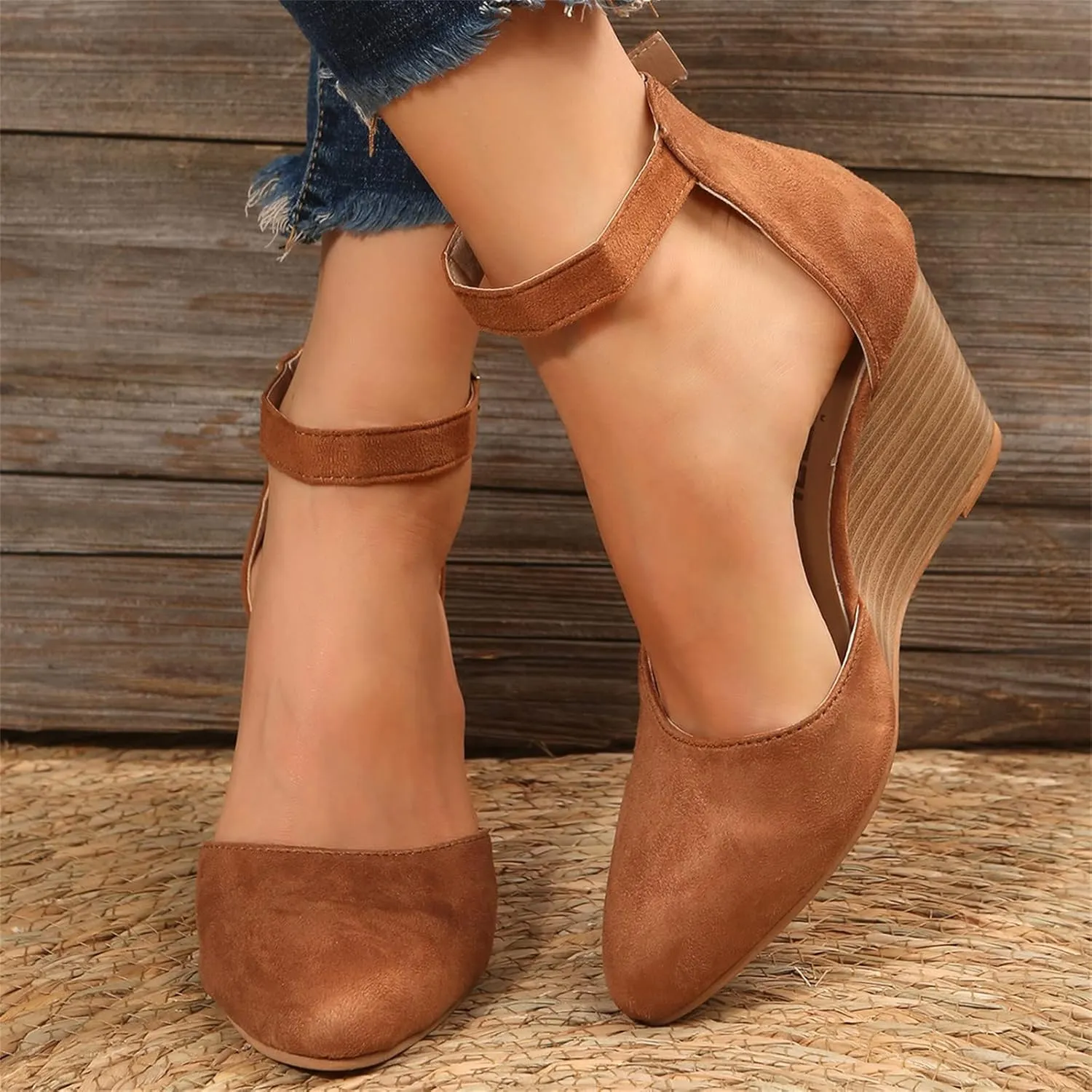 Womenyiaor Sandals for Women 2025 Dressy, Womens Closed Toe Espadrilles Wedge Sandals Ankle Strap Platform Sandals Suede Pointed Wedge Heels Comfortable Summer Dress Shoes (A-Brown, 6.5)