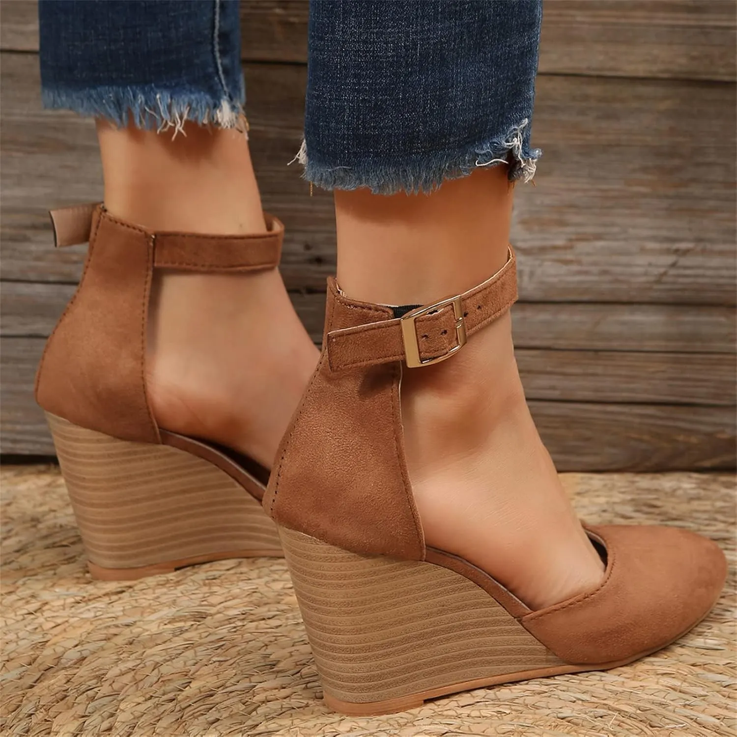 Womenyiaor Sandals for Women 2025 Dressy, Womens Closed Toe Espadrilles Wedge Sandals Ankle Strap Platform Sandals Suede Pointed Wedge Heels Comfortable Summer Dress Shoes (A-Brown, 6.5)