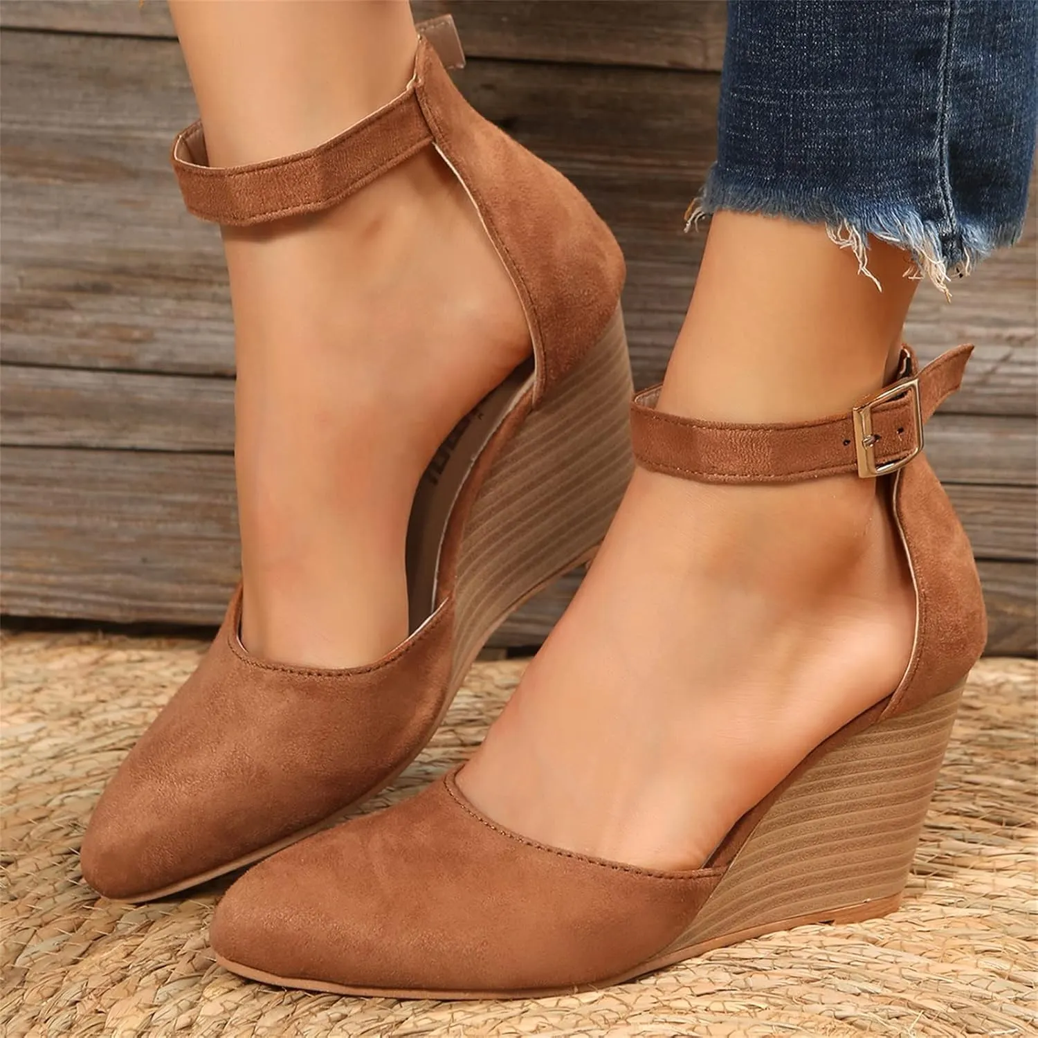 Womenyiaor Sandals for Women 2025 Dressy, Womens Closed Toe Espadrilles Wedge Sandals Ankle Strap Platform Sandals Suede Pointed Wedge Heels Comfortable Summer Dress Shoes (A-Brown, 6.5)