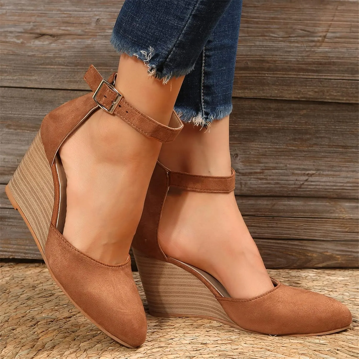 Womenyiaor Sandals for Women 2025 Dressy, Womens Closed Toe Espadrilles Wedge Sandals Ankle Strap Platform Sandals Suede Pointed Wedge Heels Comfortable Summer Dress Shoes (A-Brown, 6.5)