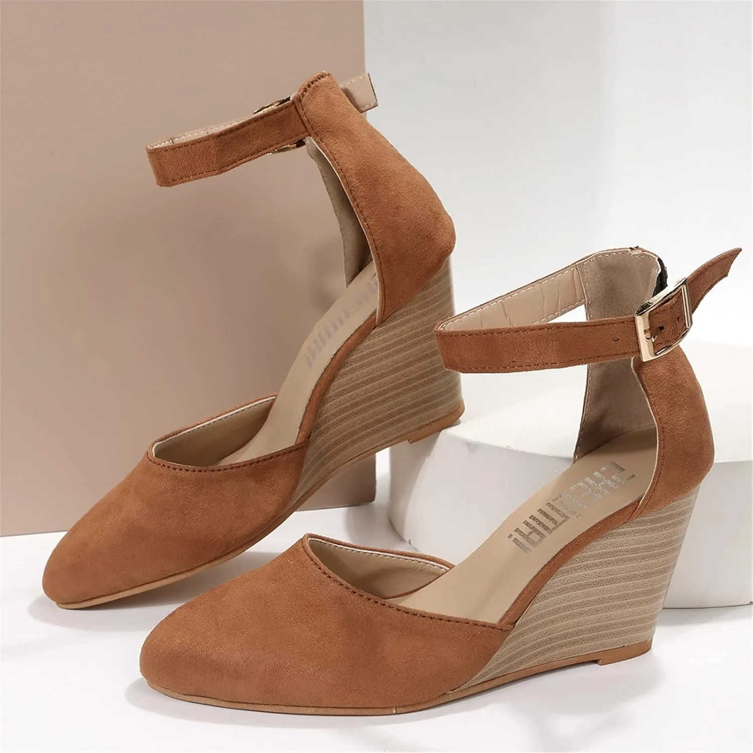 Womenyiaor Sandals for Women 2025 Dressy, Womens Closed Toe Espadrilles Wedge Sandals Ankle Strap Platform Sandals Suede Pointed Wedge Heels Comfortable Summer Dress Shoes (A-Brown, 6.5)