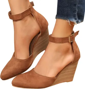 Womenyiaor Sandals for Women 2025 Dressy, Womens Closed Toe Espadrilles Wedge Sandals Ankle Strap Platform Sandals Suede Pointed Wedge Heels Comfortable Summer Dress Shoes (A-Brown, 6.5)