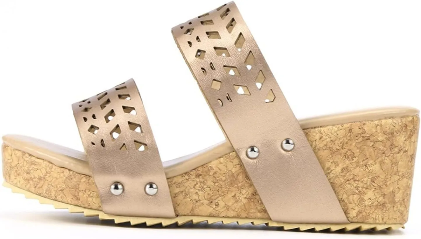 Womenyiaor Wedge Sandals Women Fashion Slip on Wedge Sandals Platform Espadrille Wedge Sandals Slippers Platform Slides Open Toe Sandals Casual Shoes Comfortable Slippers (a-Gold, 7)