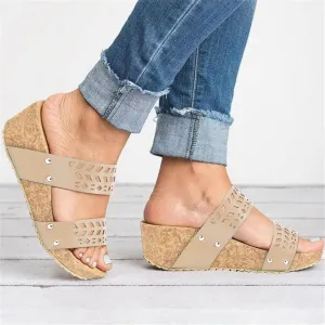 Womenyiaor Wedge Sandals Women Fashion Slip on Wedge Sandals Platform Espadrille Wedge Sandals Slippers Platform Slides Open Toe Sandals Casual Shoes Comfortable Slippers (a-Gold, 7)