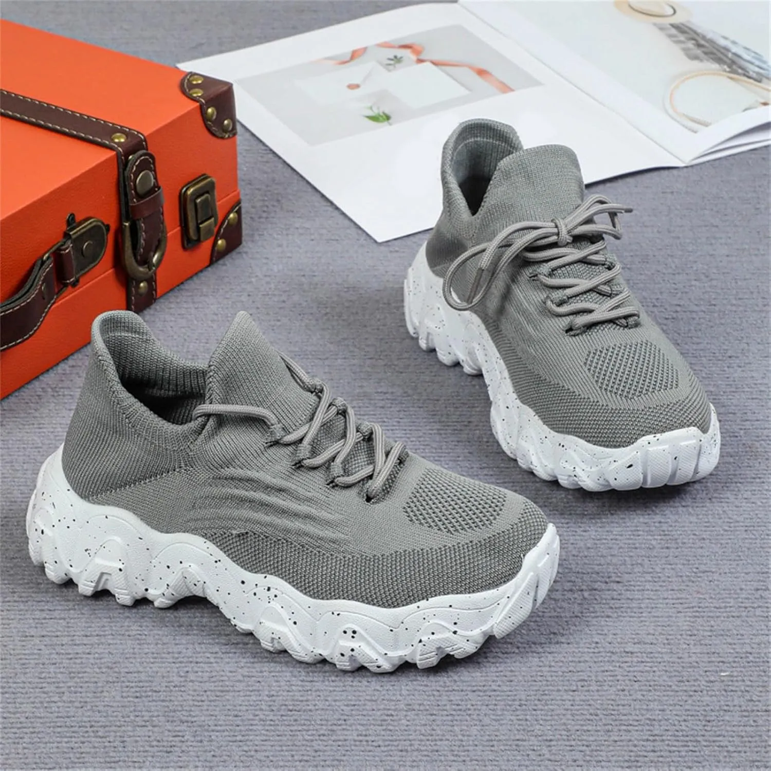 Woven Sneakers for Women Lace-up Breathable Thick Sole Walking Running Shoes Comfortable Tennis Shoes Non Slip Casual Womens Sneakers with Arch Support