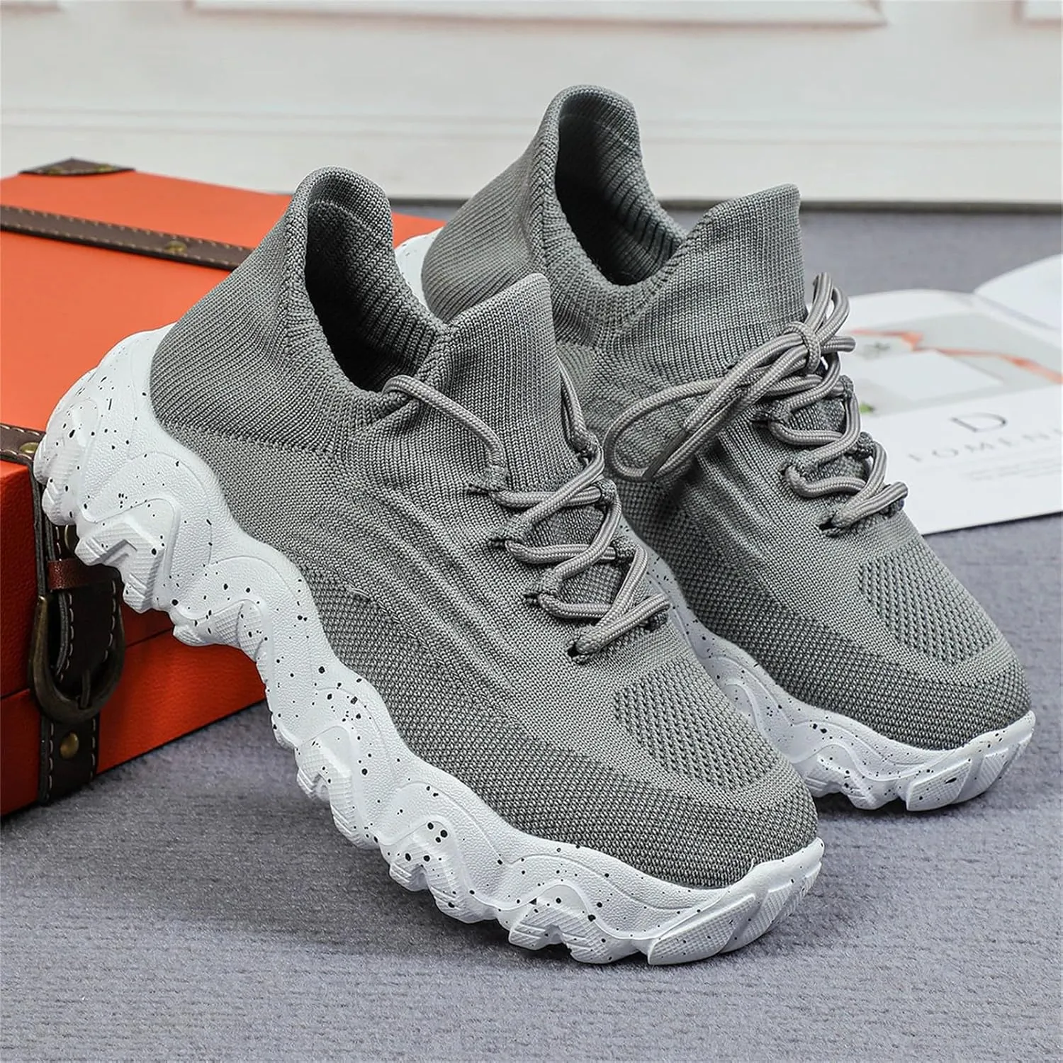Woven Sneakers for Women Lace-up Breathable Thick Sole Walking Running Shoes Comfortable Tennis Shoes Non Slip Casual Womens Sneakers with Arch Support