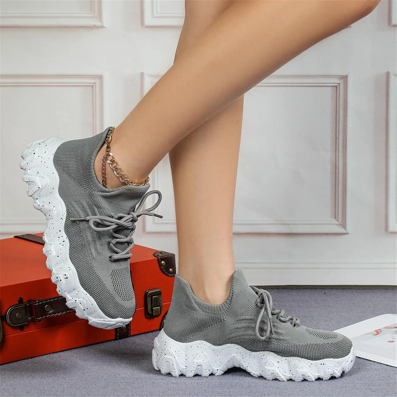 Woven Sneakers for Women Lace-up Breathable Thick Sole Walking Running Shoes Comfortable Tennis Shoes Non Slip Casual Womens Sneakers with Arch Support