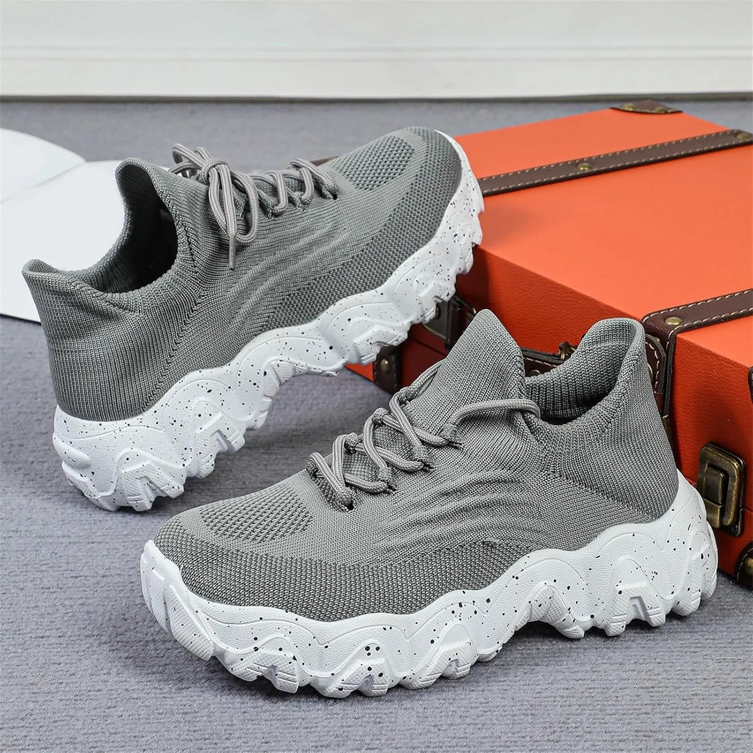 Woven Sneakers for Women Lace-up Breathable Thick Sole Walking Running Shoes Comfortable Tennis Shoes Non Slip Casual Womens Sneakers with Arch Support