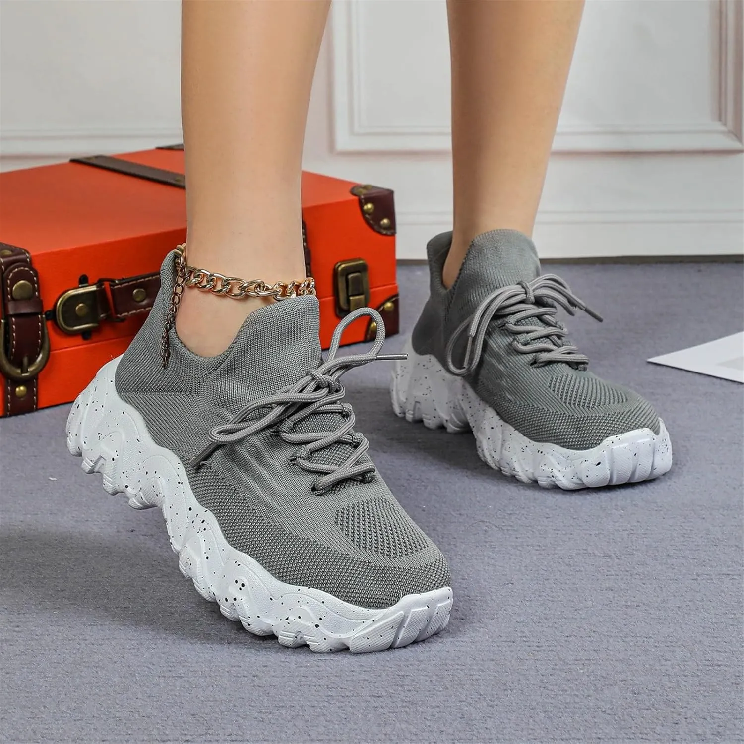 Woven Sneakers for Women Lace-up Breathable Thick Sole Walking Running Shoes Comfortable Tennis Shoes Non Slip Casual Womens Sneakers with Arch Support