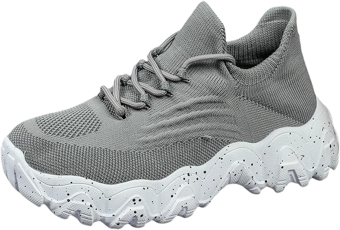 Woven Sneakers for Women Lace-up Breathable Thick Sole Walking Running Shoes Comfortable Tennis Shoes Non Slip Casual Womens Sneakers with Arch Support
