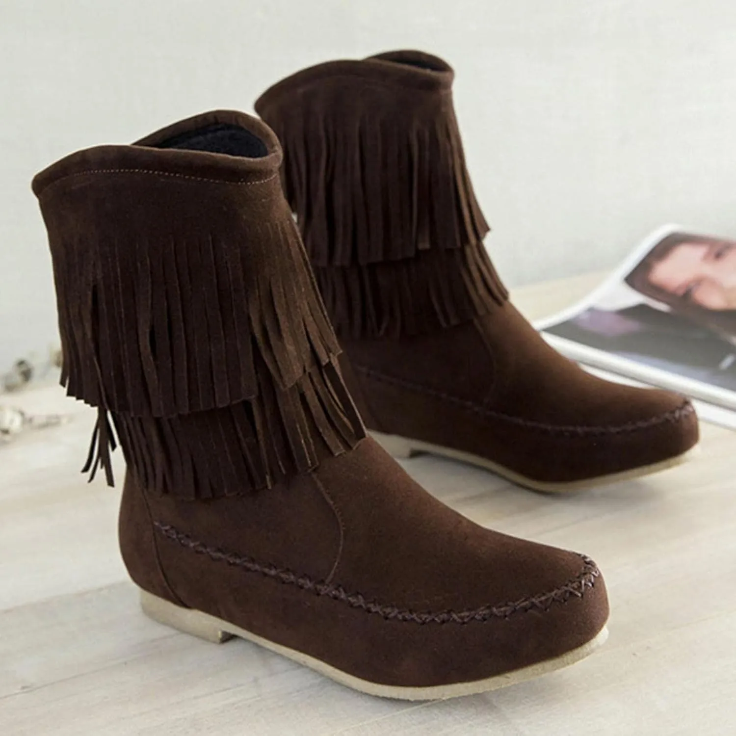 ZBYY Womens Suede Fringe Ankle Boots,Fashion Closed Toe Mid Calf Knee High Flat Dress Tassel Cowboy Short Booties