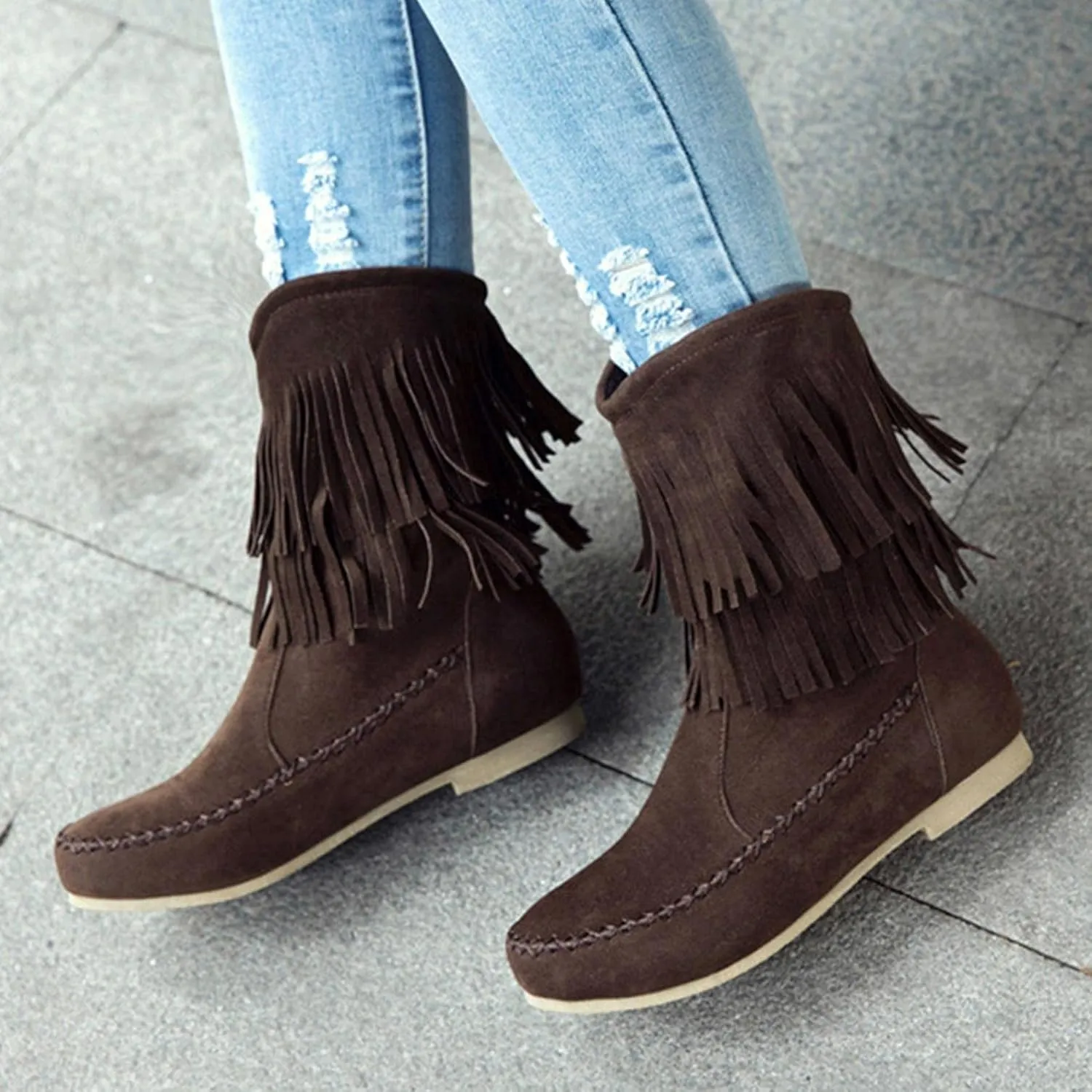 ZBYY Womens Suede Fringe Ankle Boots,Fashion Closed Toe Mid Calf Knee High Flat Dress Tassel Cowboy Short Booties