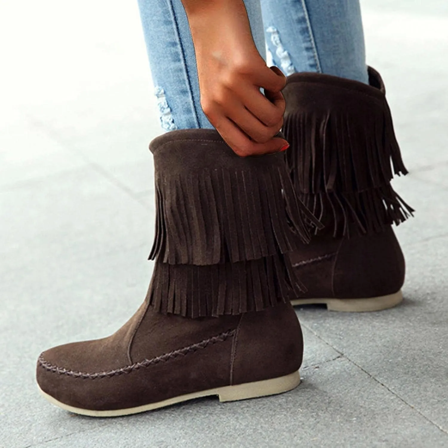 ZBYY Womens Suede Fringe Ankle Boots,Fashion Closed Toe Mid Calf Knee High Flat Dress Tassel Cowboy Short Booties