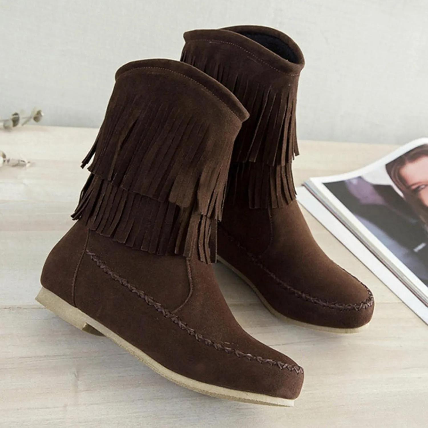 ZBYY Womens Suede Fringe Ankle Boots,Fashion Closed Toe Mid Calf Knee High Flat Dress Tassel Cowboy Short Booties