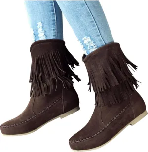 ZBYY Womens Suede Fringe Ankle Boots,Fashion Closed Toe Mid Calf Knee High Flat Dress Tassel Cowboy Short Booties