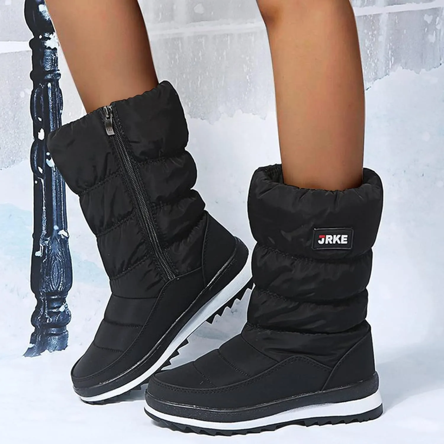 Zipper Snow Boots For Women Slip On Winter Boots Warm Ski Boots Mid Calf Outdoor Boots Anti Slip Fur Lined Boots