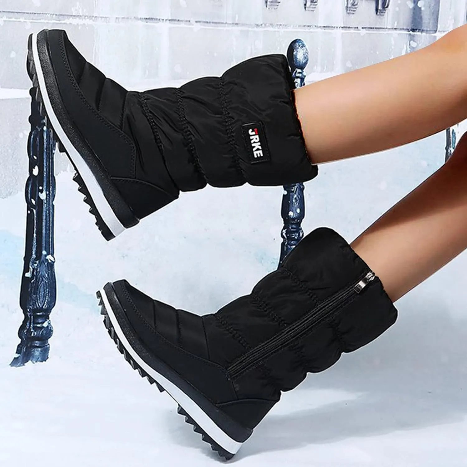 Zipper Snow Boots For Women Slip On Winter Boots Warm Ski Boots Mid Calf Outdoor Boots Anti Slip Fur Lined Boots