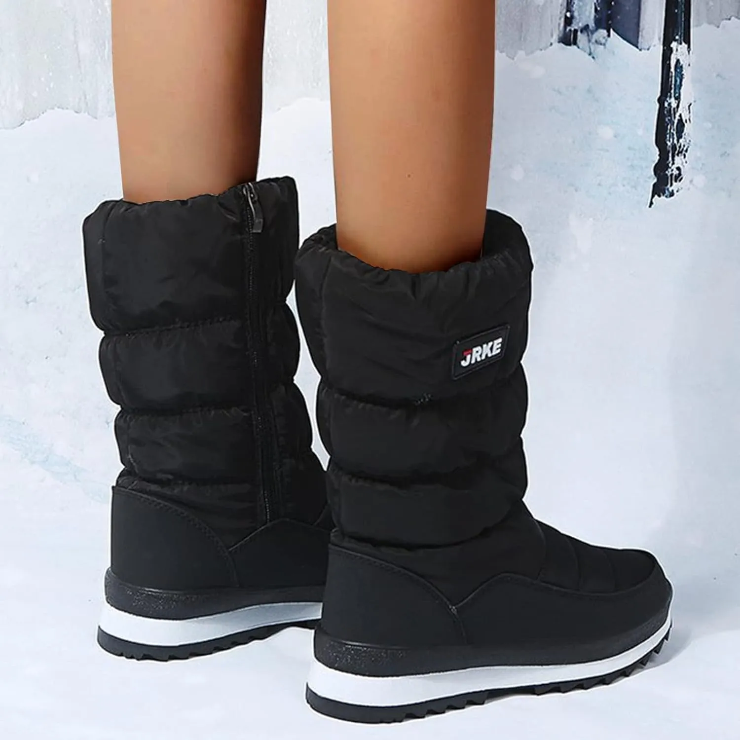 Zipper Snow Boots For Women Slip On Winter Boots Warm Ski Boots Mid Calf Outdoor Boots Anti Slip Fur Lined Boots