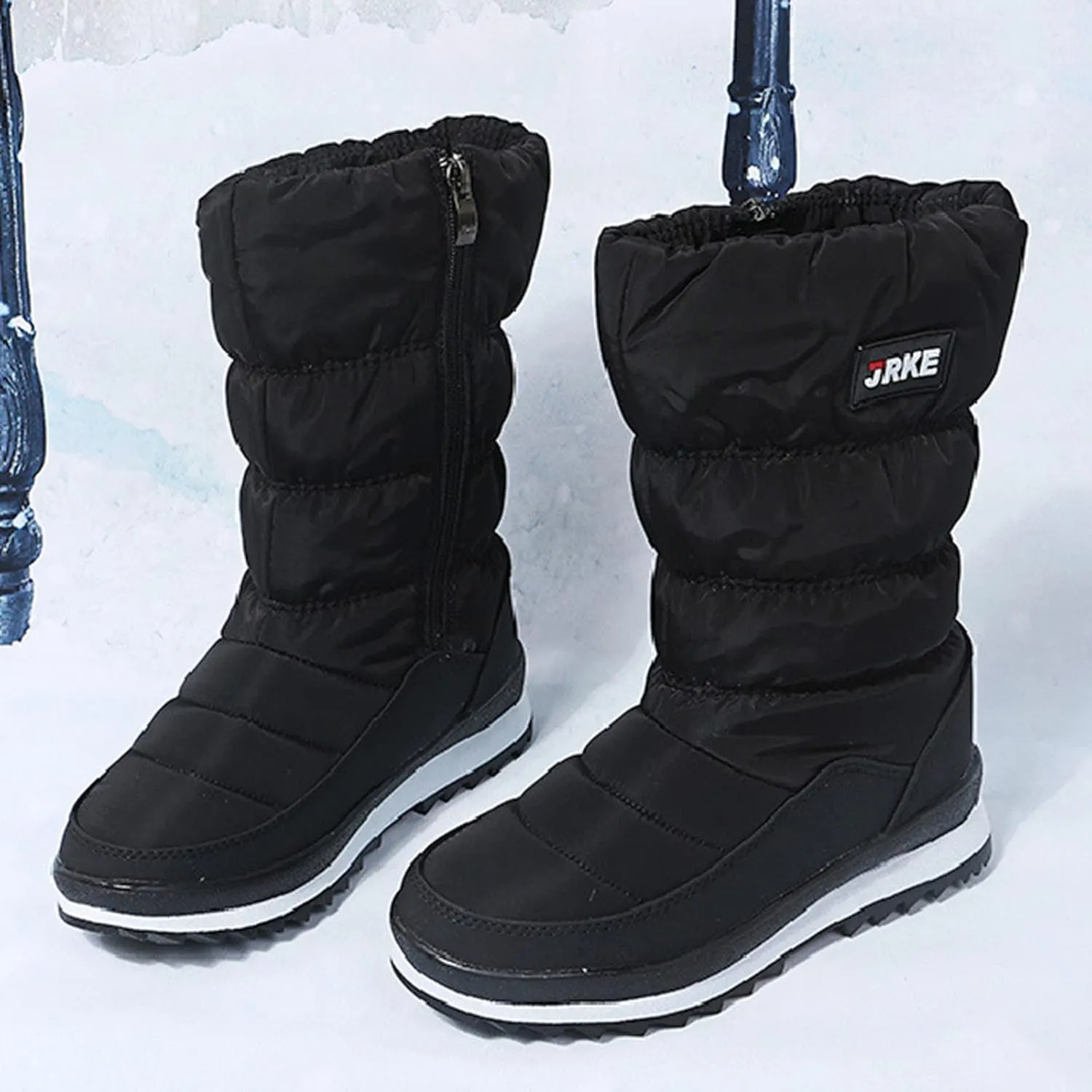 Zipper Snow Boots For Women Slip On Winter Boots Warm Ski Boots Mid Calf Outdoor Boots Anti Slip Fur Lined Boots